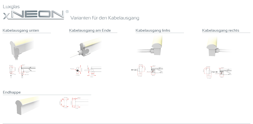 Luxglas xNEON LED Bänder, Varianten der Kabelausgänge